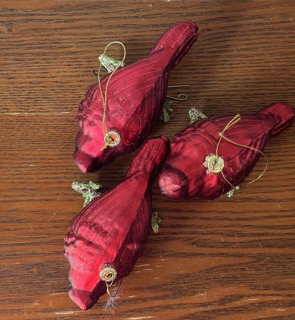 3 Blown Glass Christmas Holiday Ornament Red Cardinal on Branch Perch w/ Glitter